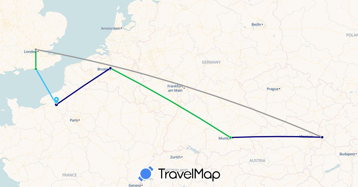 TravelMap itinerary: driving, bus, plane, boat in Belgium, Germany, France, United Kingdom, Slovakia (Europe)